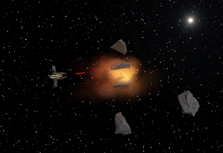 Screenshot showing a spacecraft destroying asteroids with lasers.