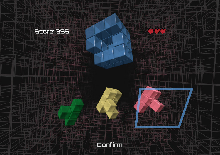 Screenshot of Coexist showing a cube structure with a missing piece and three potential solutions.